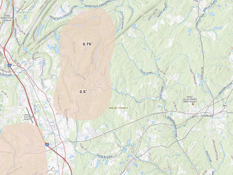 Radar-estimated hail-size map of the storm over Columbiana, AL