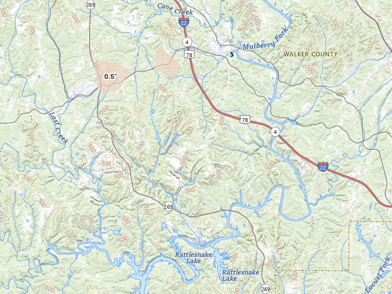 Radar-estimated hail-size map of the storm over Cordova, AL on Mar 7, 2026