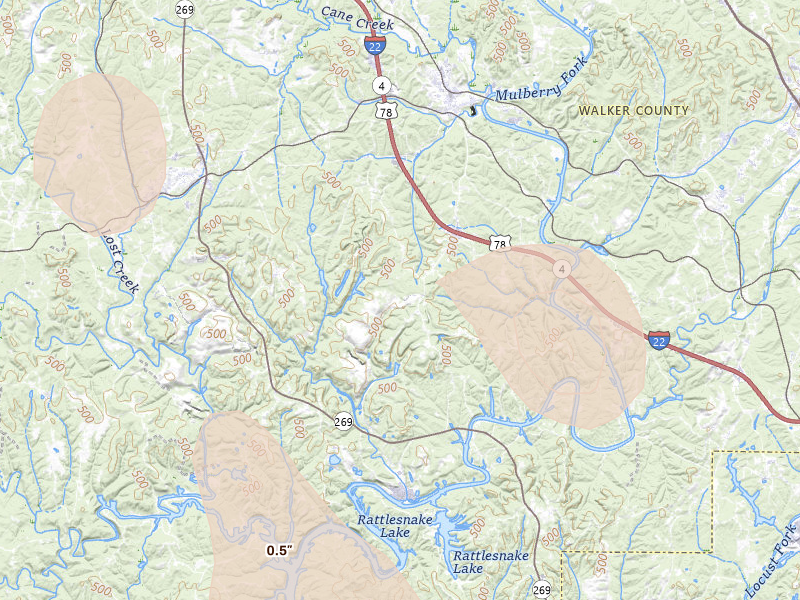 Radar-estimated hail-size map of the storm over Cordova, AL on Jun 1, 2026