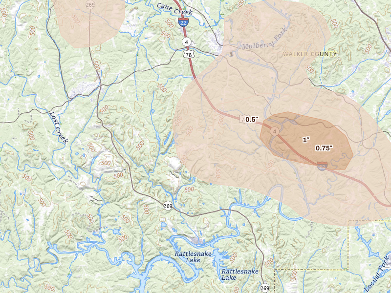 Radar-estimated hail-size map of the storm over Cordova, AL on Jul 1, 2026