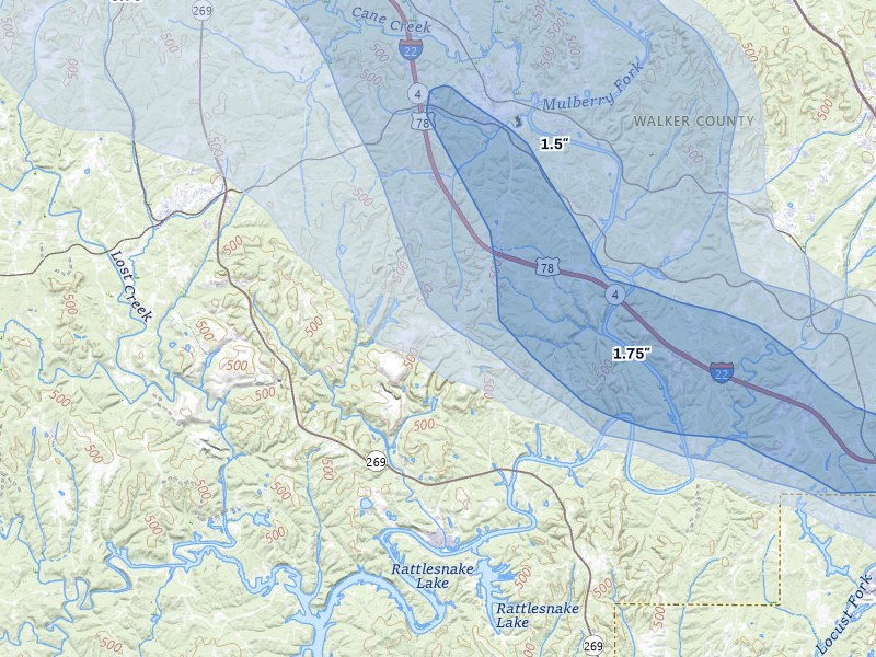NEXRAD radar-signature map of the hail storm over Cordova, AL on Jul 1, 2026