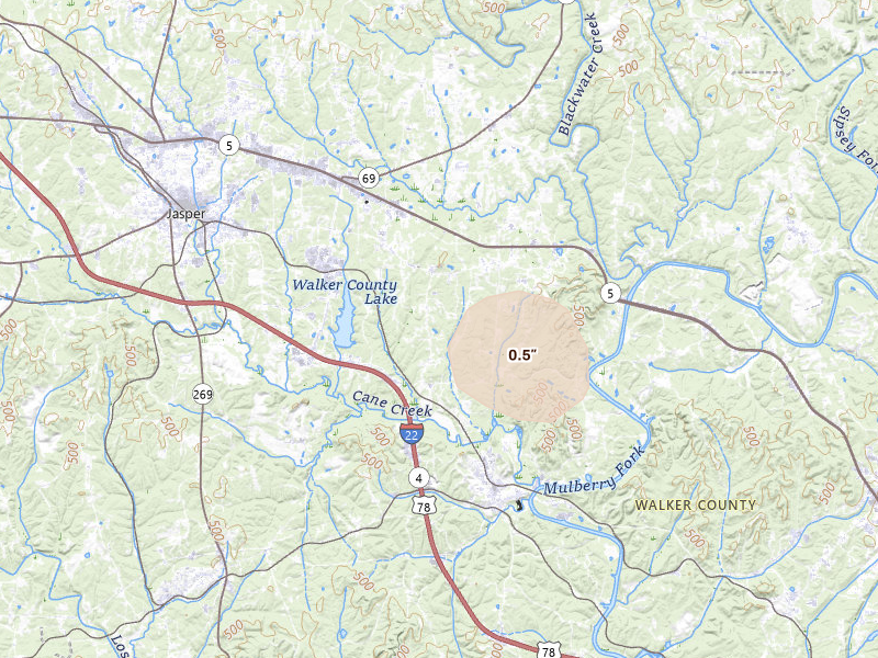 Radar-estimated hail-size map of the storm over Cordova, AL on Aug 17, 2026