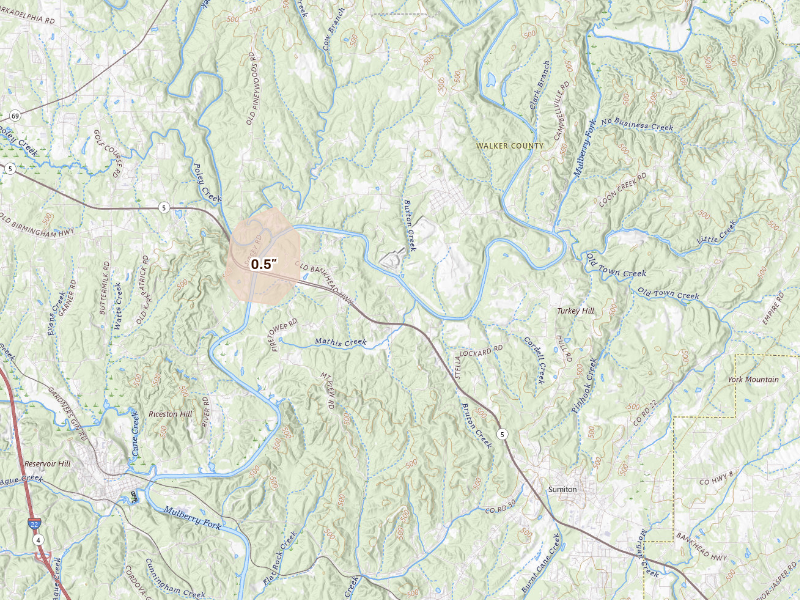 Radar-estimated hail-size map of the storm over Cordova, AL
