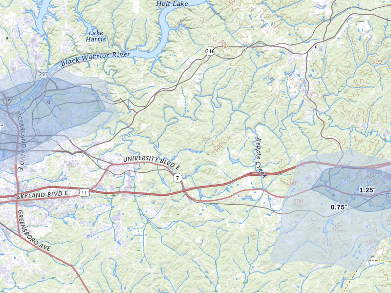 NEXRAD radar-signature map of the hail storm over Cottondale, AL on Jul 31, 2026
