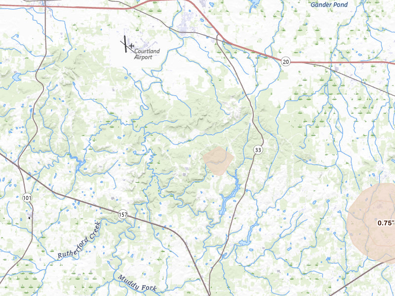 Radar-estimated hail-size map of the storm over Courtland, AL on Jun 1, 2026