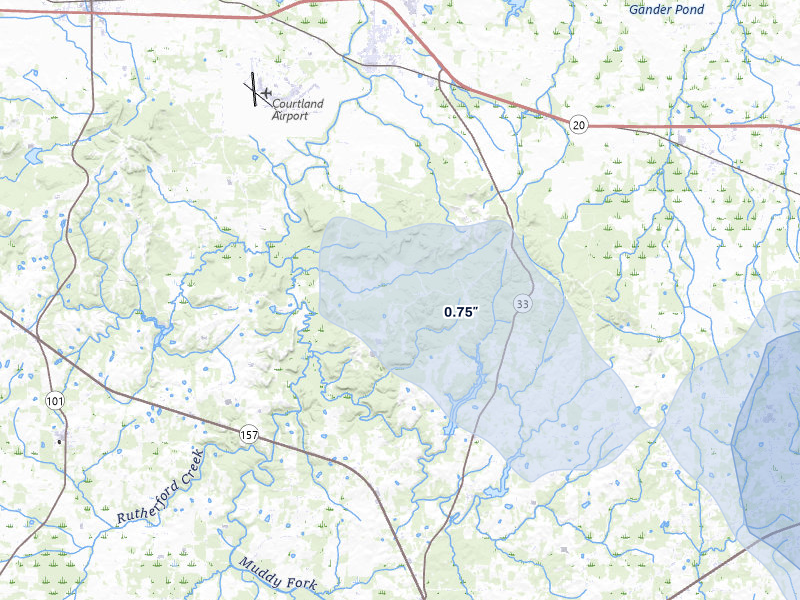 NEXRAD radar-signature map of the hail storm over Courtland, AL on Jun 1, 2026