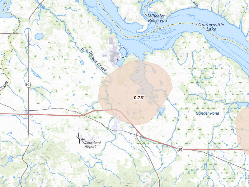 Radar-estimated hail-size map of the storm over Courtland, AL on Aug 8, 2026