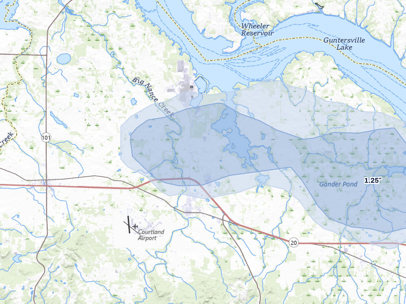 NEXRAD radar-signature map of the hail storm over Courtland, AL on Aug 8, 2026