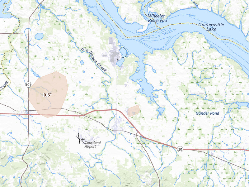 Radar-estimated hail-size map of the storm over Courtland, AL on Aug 9, 2026
