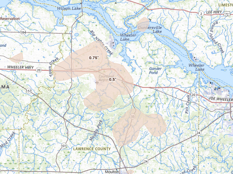 Radar-estimated hail-size map of the storm over Courtland, AL on Aug 26, 2026