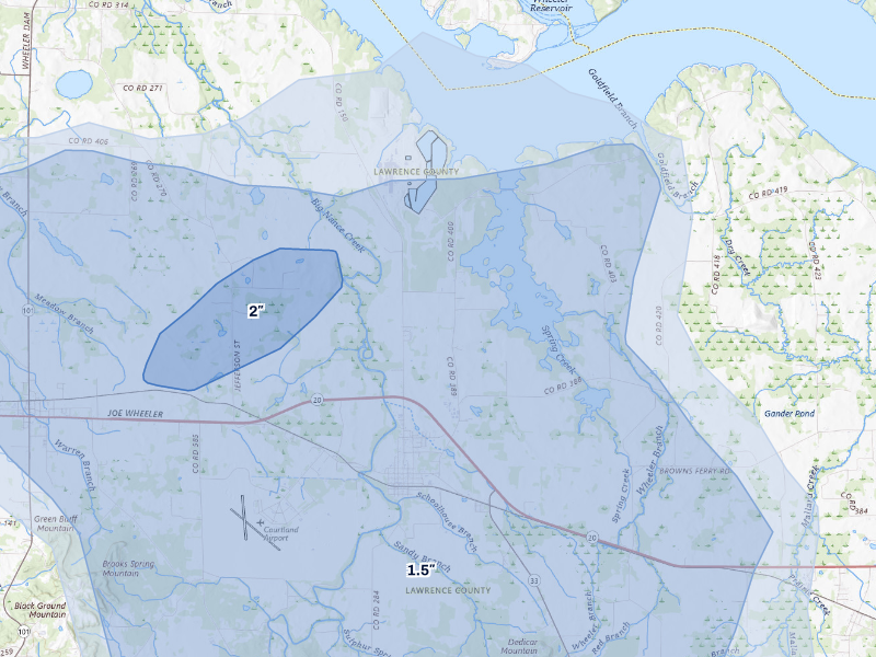 NEXRAD radar-signature map of the hail storm over Courtland, AL on Aug 26, 2026