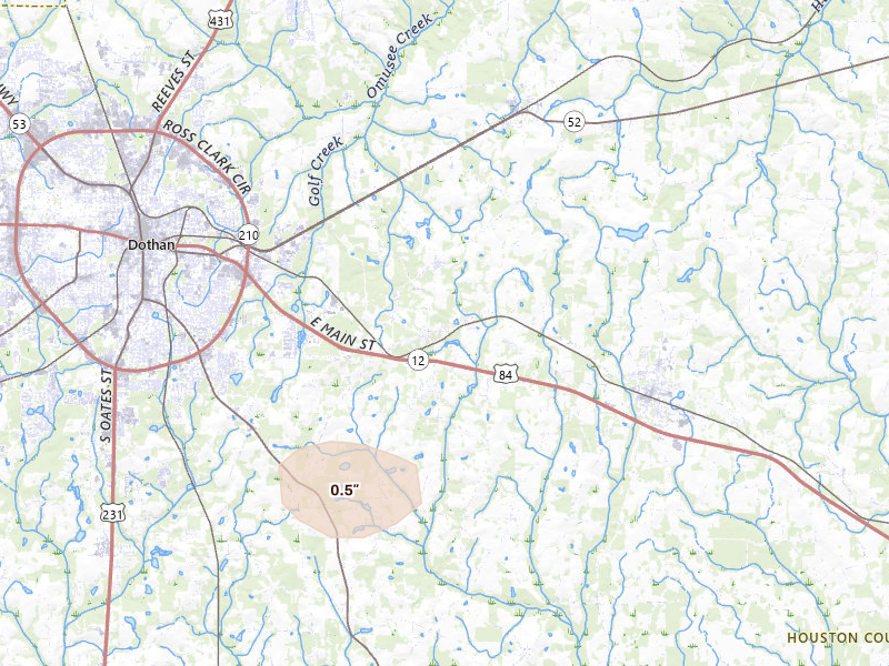 Radar-estimated hail-size map of the storm over Cowarts, AL on Jan 3, 2026