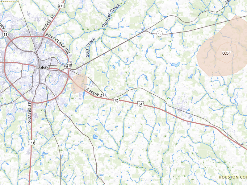 Radar-estimated hail-size map of the storm over Cowarts, AL on Jul 7, 2026