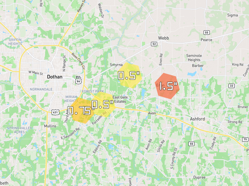 Hail map of Cowarts, AL on Jul 7, 2026, hail up to 1.5"
