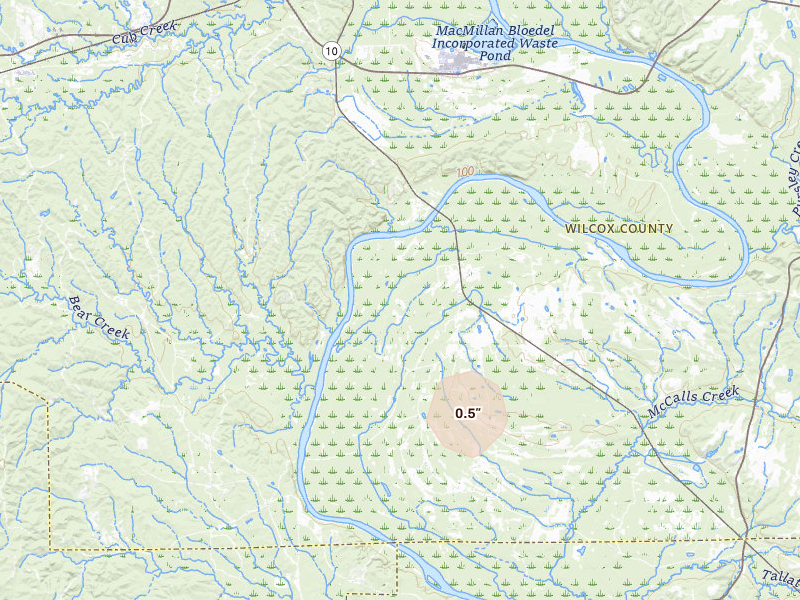 Radar-estimated hail-size map of the storm over Coy, AL on Jul 18, 2026