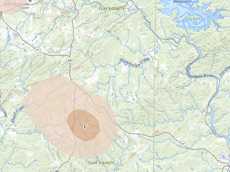 Radar-estimated hail-size map of the storm over Cragford, AL on Jul 1, 2026