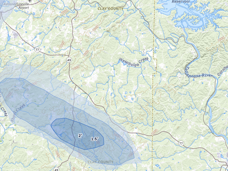 NEXRAD radar-signature map of the hail storm over Cragford, AL on Jul 1, 2026