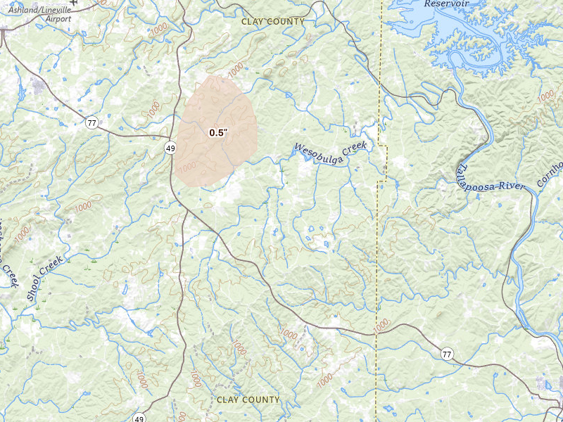 Radar-estimated hail-size map of the storm over Cragford, AL on Aug 21, 2026
