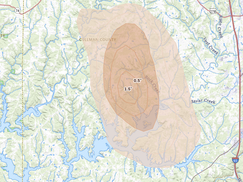 Radar-estimated hail-size map of the storm over Crane Hill, AL on Jun 1, 2026
