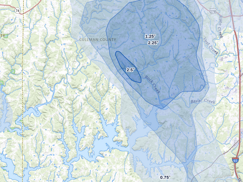 NEXRAD radar-signature map of the hail over Crane Hill, AL