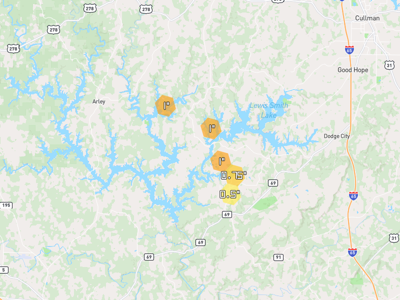 Hail map of Crane Hill, AL on Jul 3, 2026, hail up to 1"