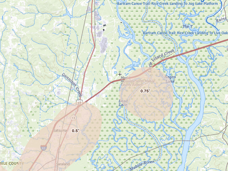 Radar-estimated hail-size map of the storm over Creola, AL on Mar 15, 2026
