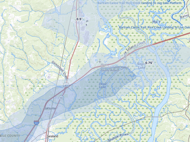 NEXRAD radar-signature map of the hail over Creola, AL