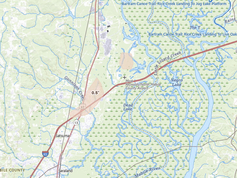 Radar-estimated hail-size map of the storm over Creola, AL on May 22, 2026