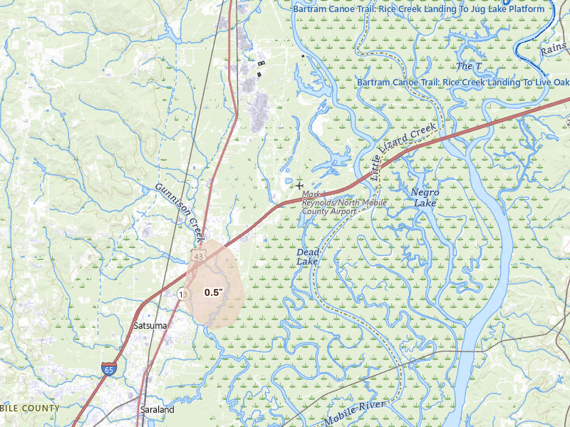 Radar-estimated hail-size map of the storm over Creola, AL on Jul 18, 2026