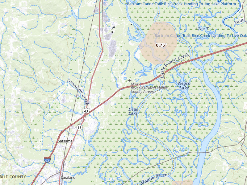 Radar-estimated hail-size map of the storm over Creola, AL on Jul 30, 2026