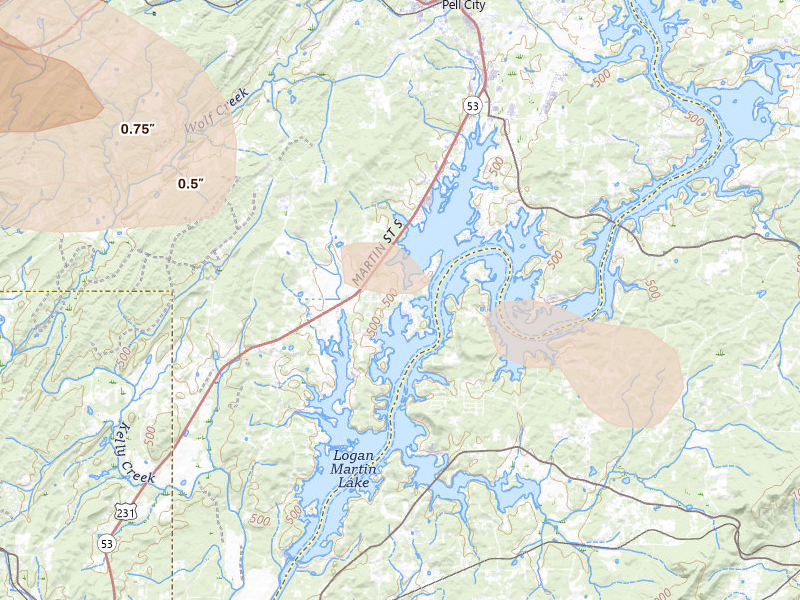 Radar-estimated hail-size map of the storm over Cropwell, AL
