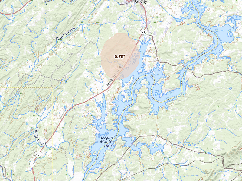 Radar-estimated hail-size map of the storm over Cropwell, AL on Jul 19, 2026