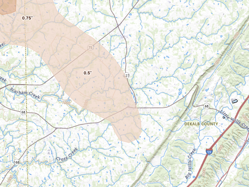 Radar-estimated hail-size map of the storm over Crossville, AL on Jun 1, 2026