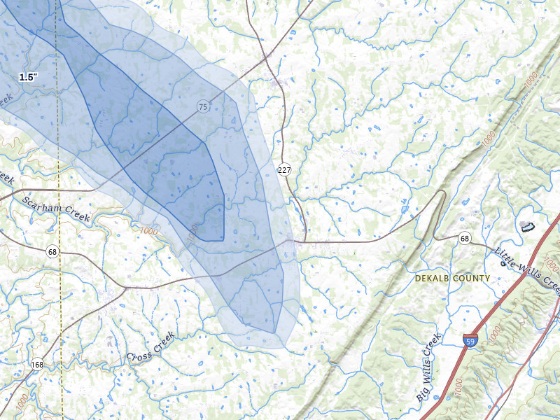 NEXRAD radar-signature map of the hail storm over Crossville, AL on Jun 1, 2026