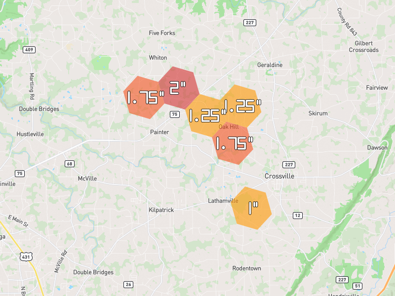Hail map of Crossville, AL on Jun 1, 2026, hail up to 2"