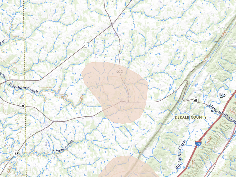Radar-estimated hail-size map of the storm over Crossville, AL on Jul 2, 2026