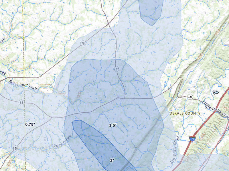 NEXRAD radar-signature map of the hail over Crossville, AL