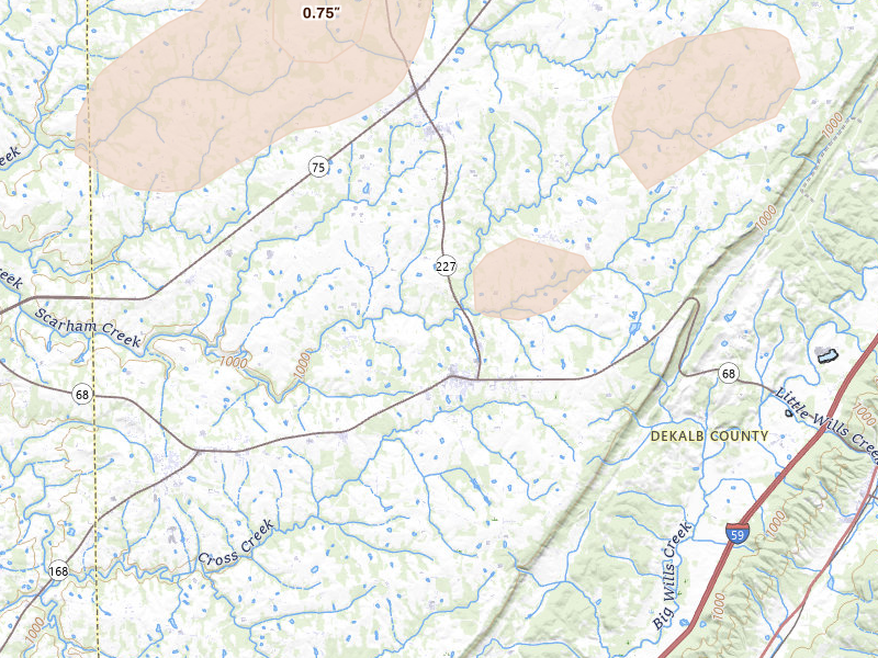 Radar-estimated hail-size map of the storm over Crossville, AL on Jul 3, 2026