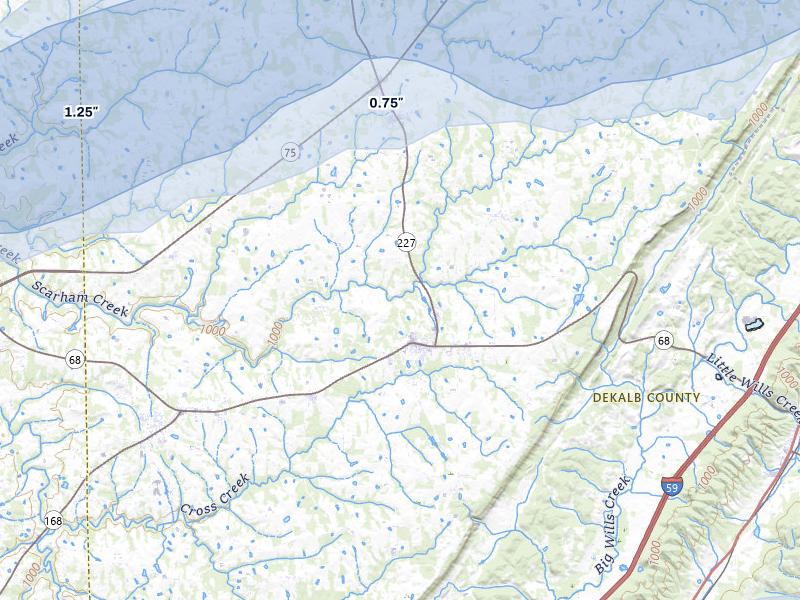 NEXRAD radar-signature map of the hail storm over Crossville, AL on Jul 3, 2026