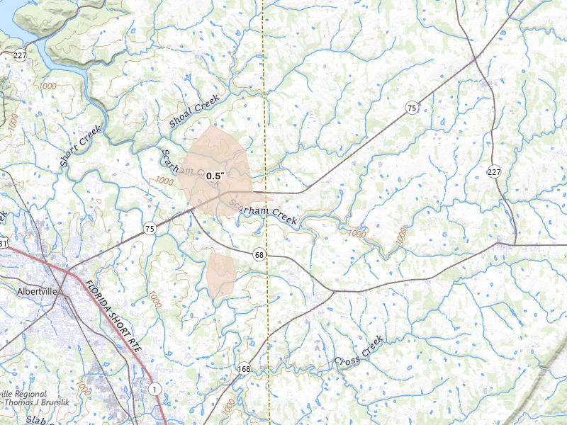 Radar-estimated hail-size map of the storm over Crossville, AL on Aug 7, 2026