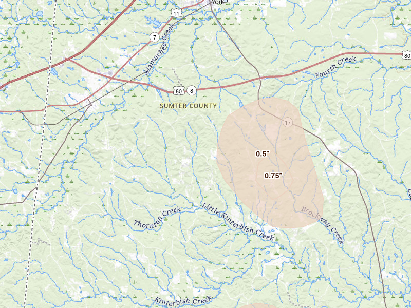 Radar-estimated hail-size map of the storm over Cuba, AL on Aug 26, 2026