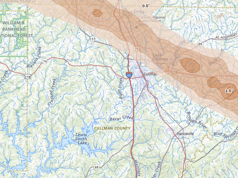 Radar-estimated hail-size map of the storm over Cullman, AL on Feb 26, 2026