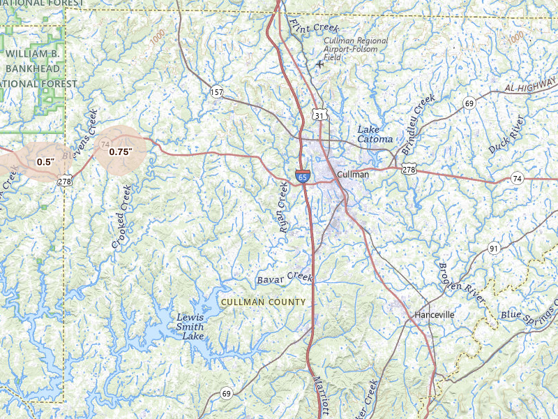 Radar-estimated hail-size map of the storm over Cullman, AL on May 6, 2026