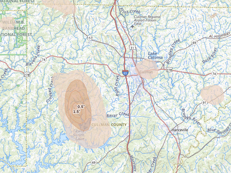 Radar-estimated hail-size map of the storm over Cullman, AL on Jun 1, 2026