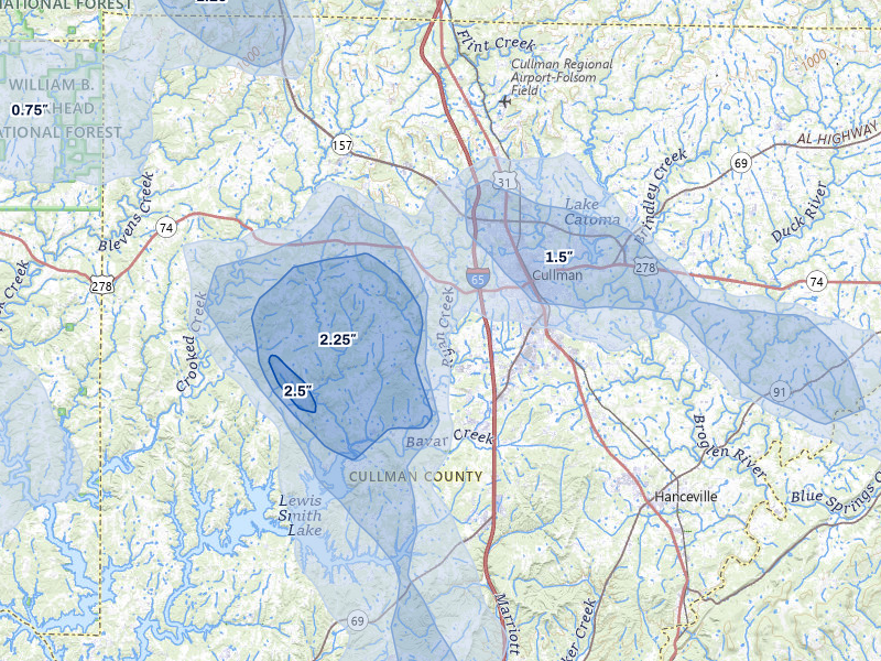 NEXRAD radar-signature map of the hail storm over Cullman, AL on Jun 1, 2026