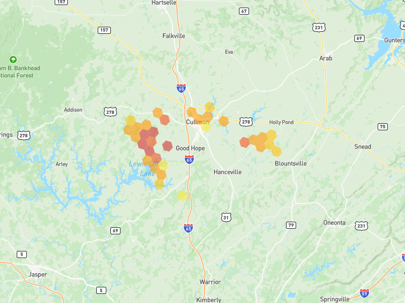 Hail map of Cullman, AL on Jun 1, 2026, hail up to 2.5"