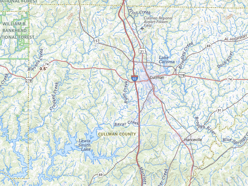 Radar-estimated hail-size map of the storm over Cullman, AL on Jul 2, 2026