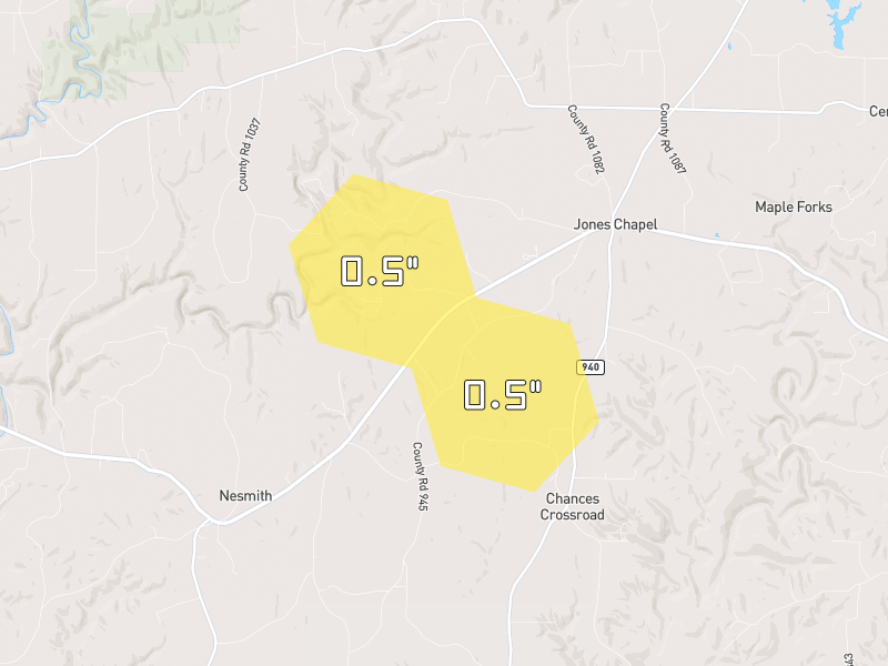 Hail map of Cullman, AL on Jul 2, 2026, hail up to 0.5"