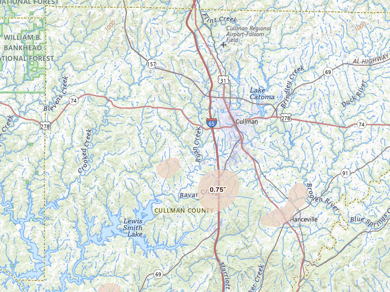 Radar-estimated hail-size map of the storm over Cullman, AL on Jul 3, 2026