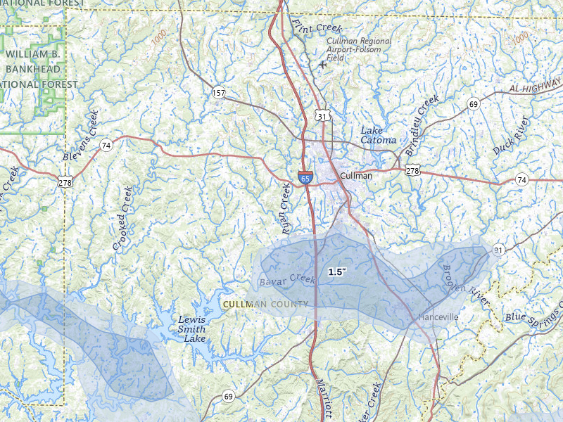 NEXRAD radar-signature map of the hail storm over Cullman, AL on Jul 3, 2026